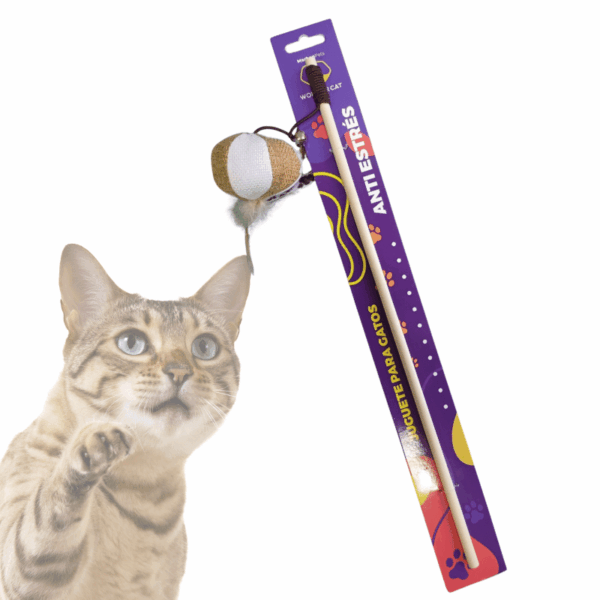 Juguete para Gato Varita Varilla con Bola de Lino Madera 40 cm (TC2016) - Imagen 2