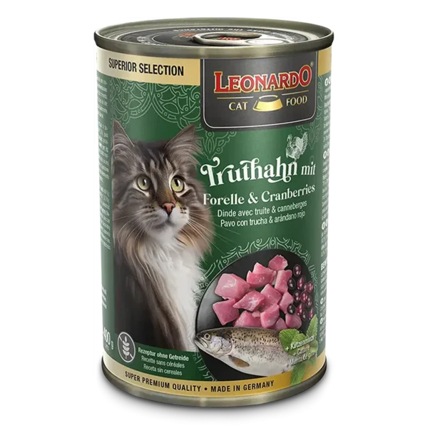 Lata Leonardo Gato Superior Selection Pavo Trucha y Arándanos 400 GR